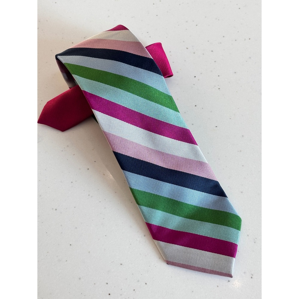 Happy Ties Mens Silk Necktie Multi Color Diagonal Stripe Pink Green Blue 3.25"